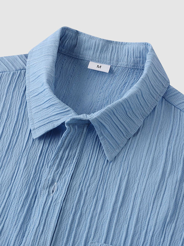 Men's solid color striped textured casual button-down Short Sleeve Shirt