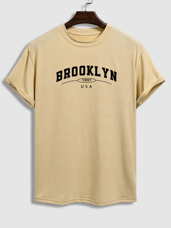 Men's "BROOKLYN" letter print casual crew neck short sleeve T-shirt