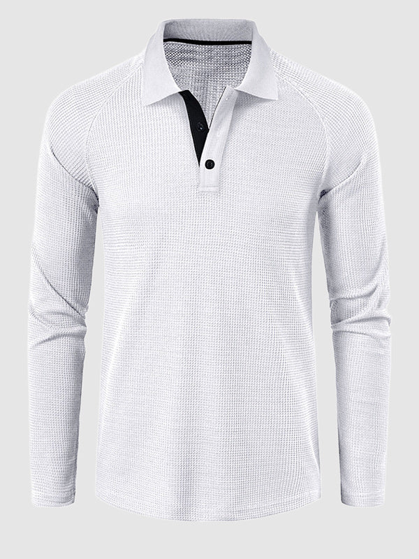 Men's lapel half-button waffle long-sleeved Polo