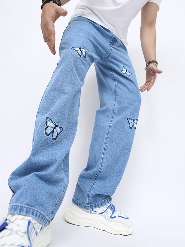 Butterfly embroidered straight-leg jeans