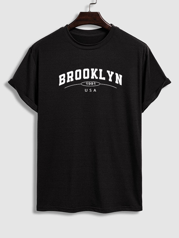 Men's "BROOKLYN" letter print casual crew neck short sleeve T-shirt