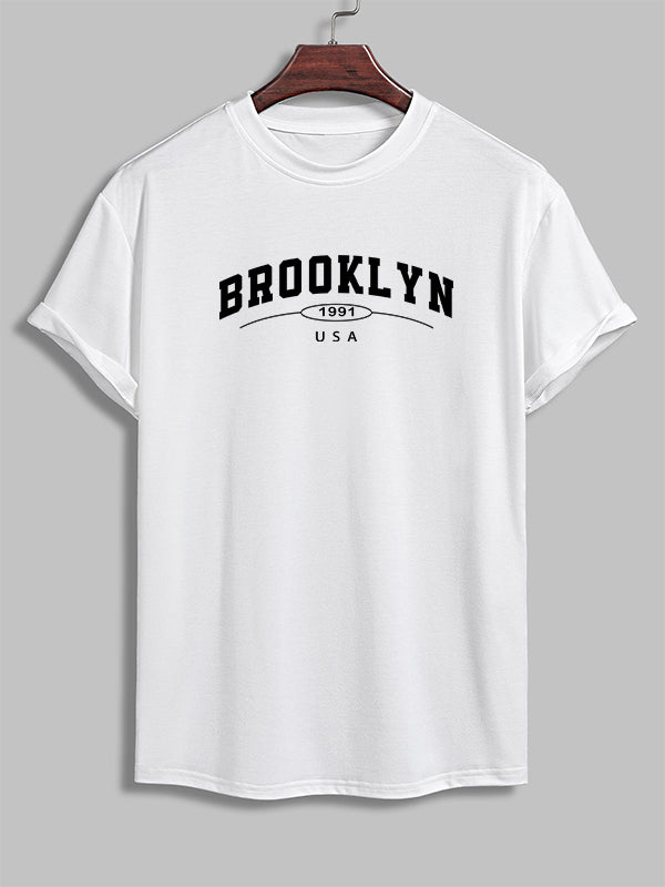 Men's "BROOKLYN" letter print casual crew neck short sleeve T-shirt