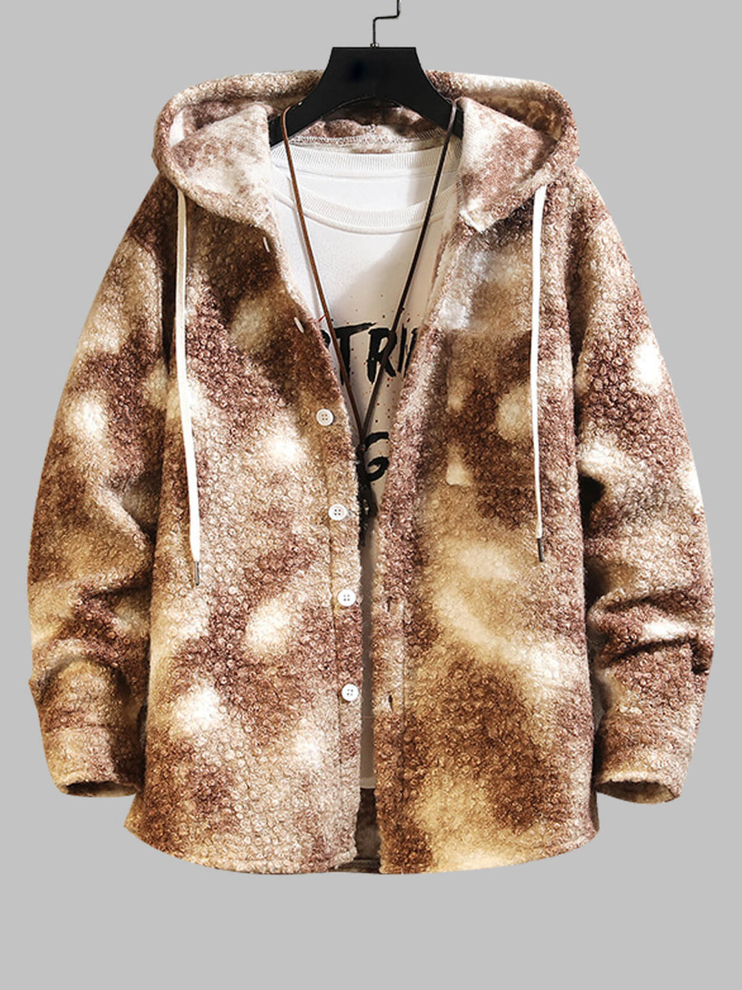 Men's Teddy Fleece Loose Hooded Jacquard Casual Jacket