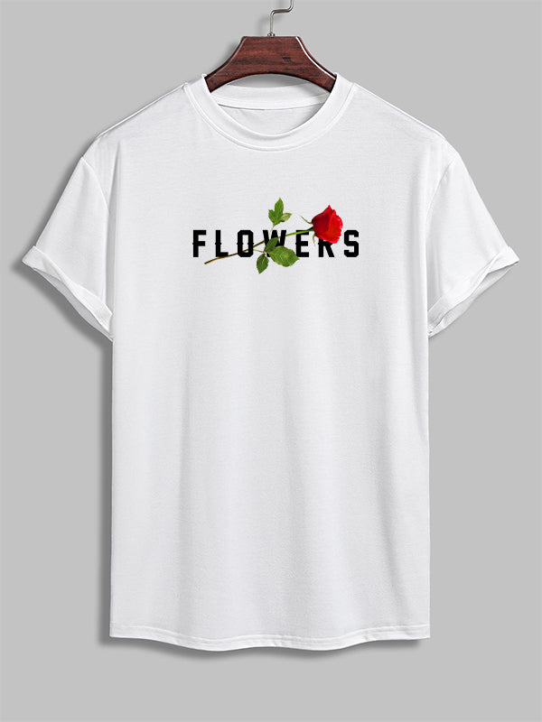 Men's FLOWERS rose pattern printed casual round neck short-sleeved T-shirt