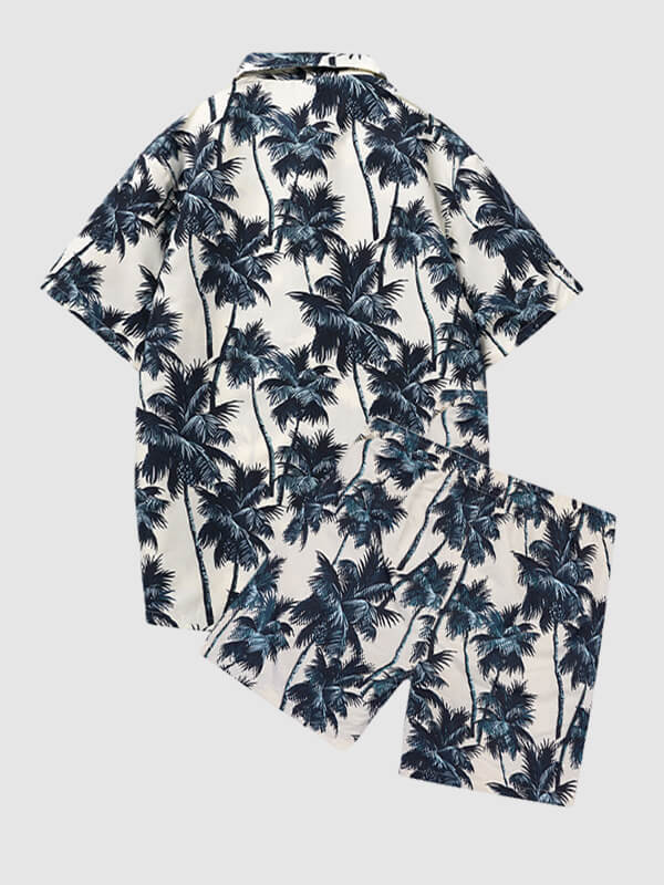 Men's tropical coconut tree print short-sleeved Hawaiian resort shirt + casual shorts two-piece set