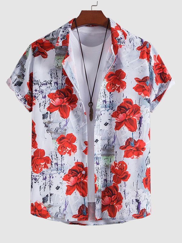 Men's Rose Print Vintage Casual Button Short Sleeve Shirt