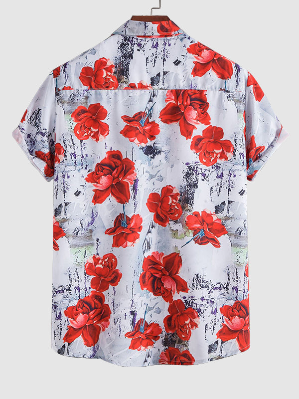 Men's Rose Print Vintage Casual Button Short Sleeve Shirt