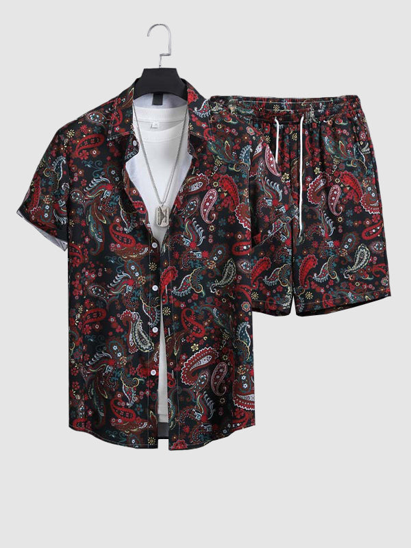 Men's Paisley Cashew Print Casual Short Sleeve Shirt Shorts Set