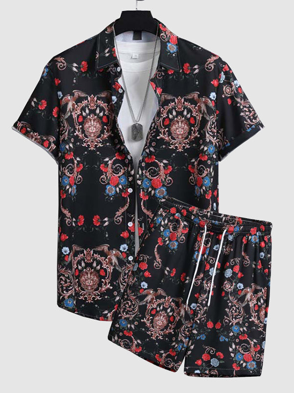 Men's Vintage Paisley Floral Print Short Sleeve Shirt Shorts Set