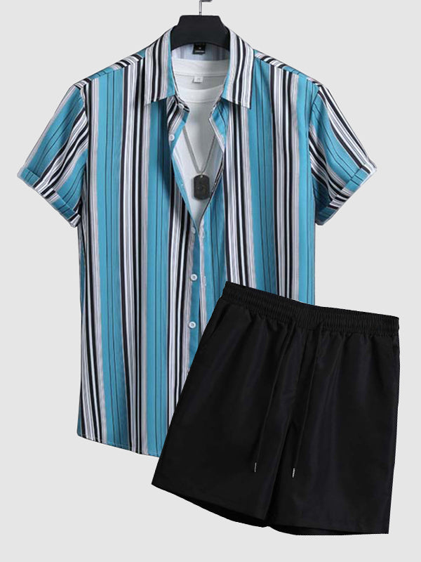 Men's color blocking striped printed casual shirt shorts set