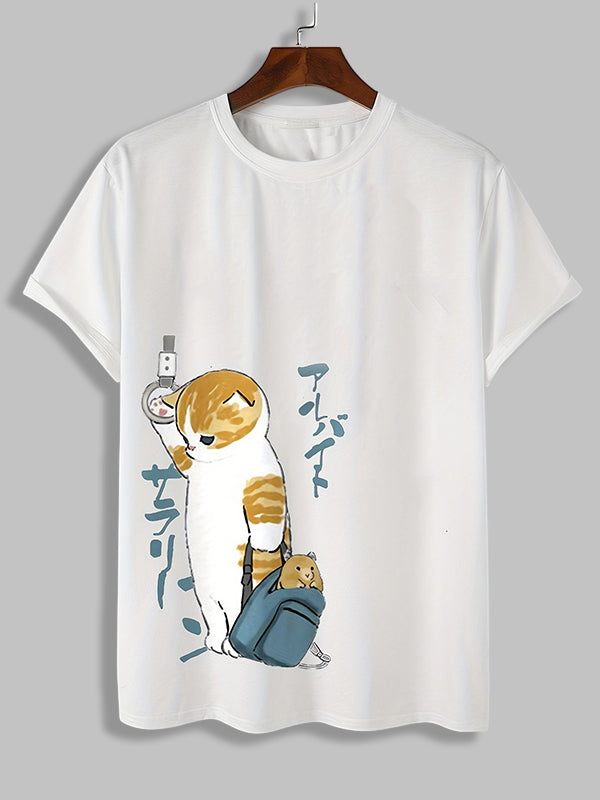 Men's Cartoon Cat Print Casual Basic T-Shirt