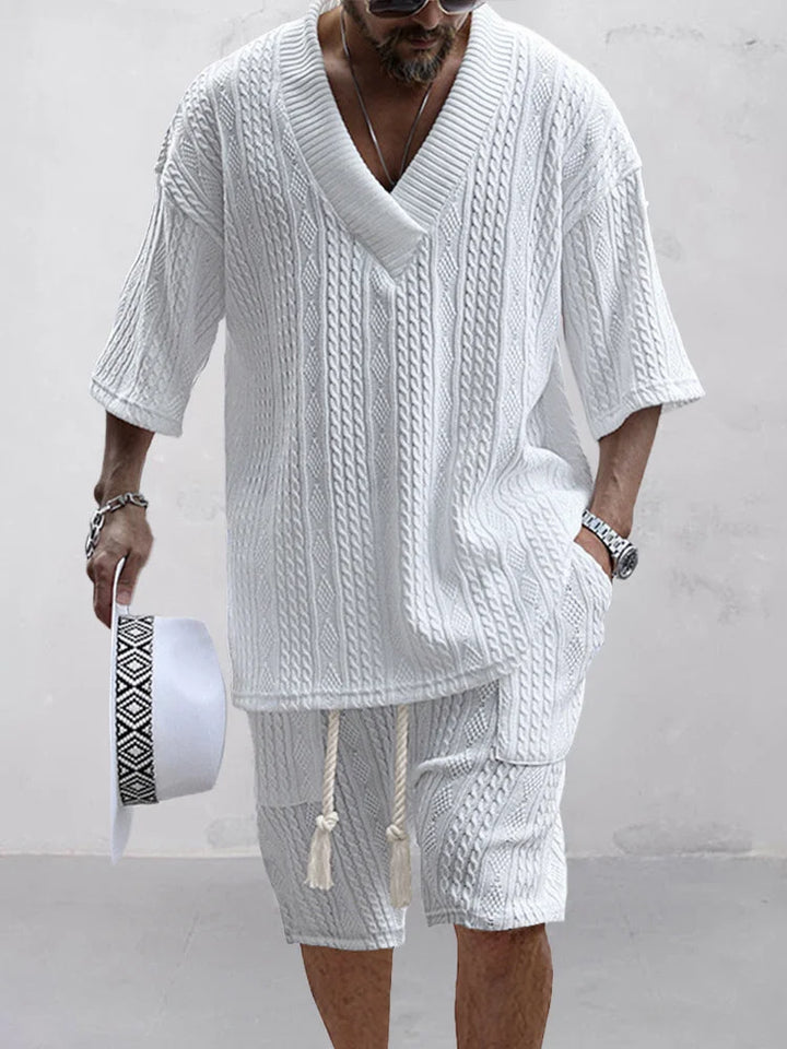 Men's fashionable knitted jacquard shirt set