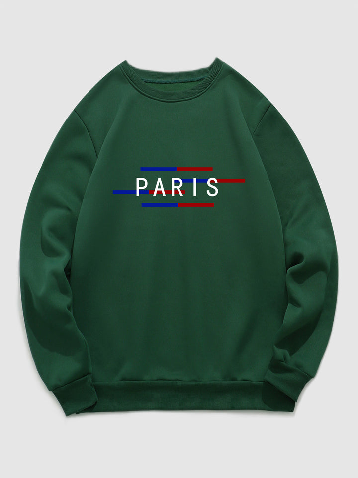 Men's "PARIS" Pattern Plush-Lined Pullover Crewneck Sweatshirt