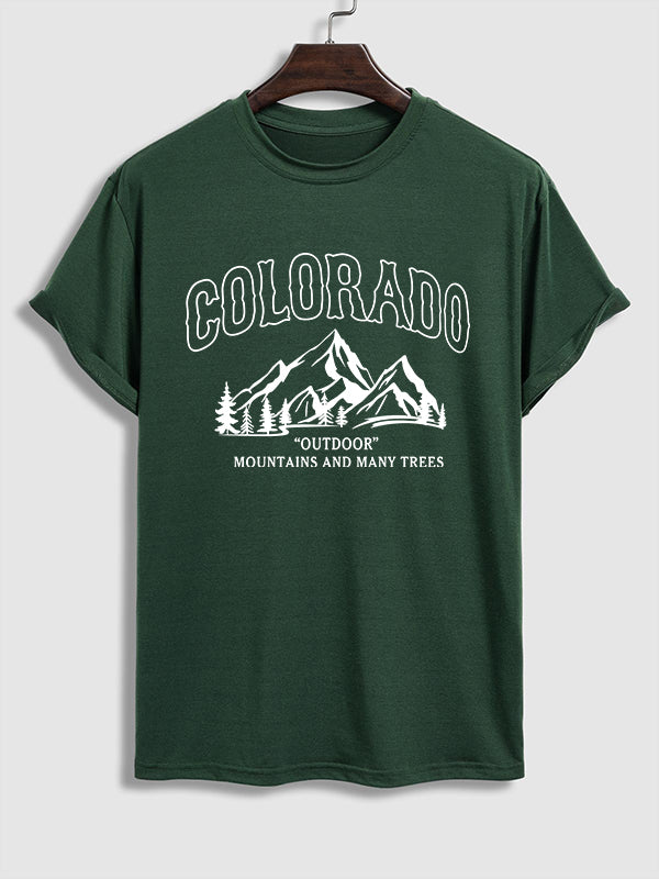 Men's "COLORADO" mountain letter print casual round neck T-shirt