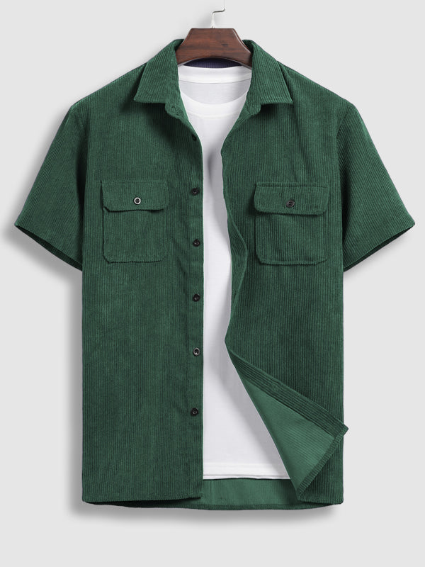 Men's Solid Color Corduroy Double Pocket Short Sleeve Shirt