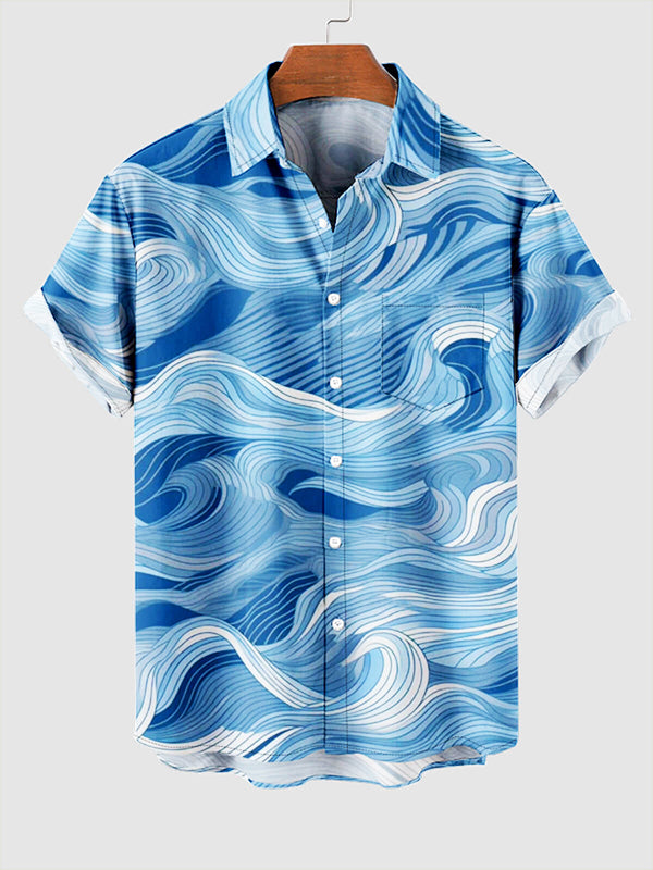 Men's Vacation Style 3D Wave Print Beach Casual Short Sleeve Shirt