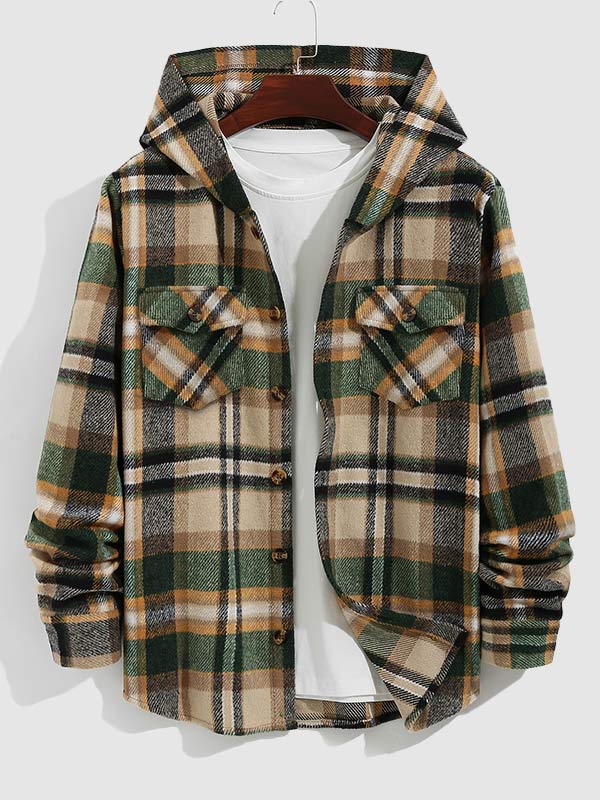 Men's plaid hooded wool blend lapel shirt jacket